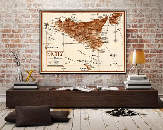 Vintage Sicily Map Print - Historic 1943 Italy Art, Old World Wall Decor | Gallery Wrapped Canvas | Museum-Quality Paper