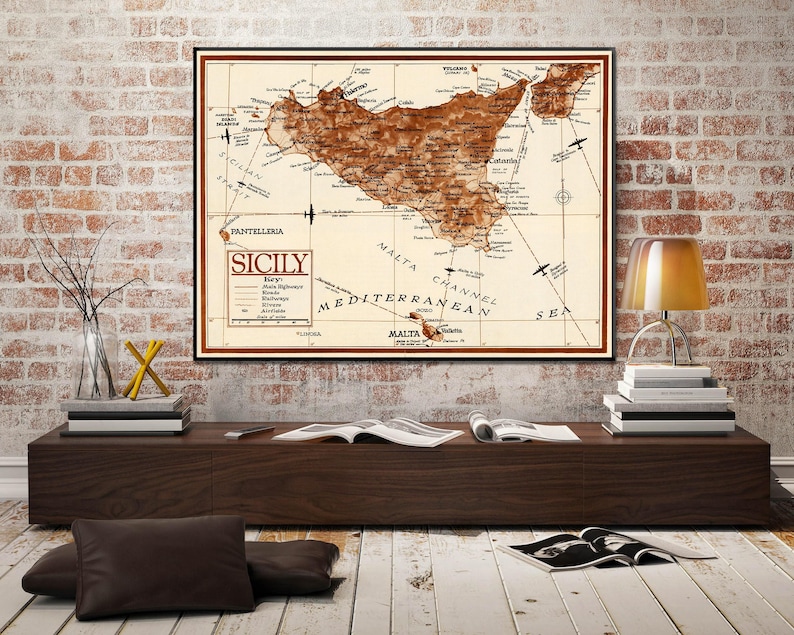 Vintage military or historical map of Sicily (Italia) from 1943. The map displays detailed geography, likely with markings related to World War II operations, such as troop movements, landings, or key terrain features of the island.