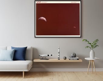 NASA Earth and Moon Print | Retro Space Exploration Poster | Historical Space Wall Decor