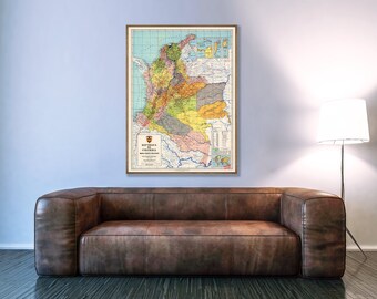 Old Colombia wall map, large Colombia print, historic Colombian art print.