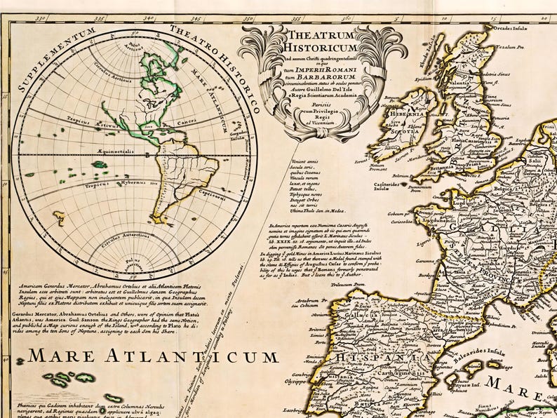 Historical map showing the Roman Empire and surrounding barbarian tribes in 400 AD, by cartographer Guillaume Delisle.