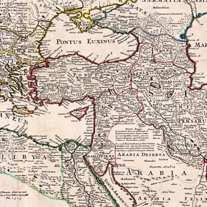 Historical map showing the Roman Empire and surrounding barbarian tribes in 400 AD, by cartographer Guillaume Delisle.