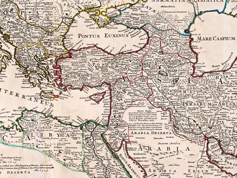 Historical map showing the Roman Empire and surrounding barbarian tribes in 400 AD, by cartographer Guillaume Delisle.