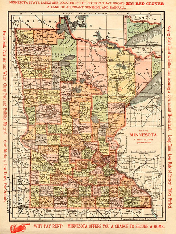 Aged Minnesota map print, 1904.Map of Minnesota: a region of perfect alternatives,Features marketing phrases in just margins, Minnesota artwork print. graphic about Printable Map of Minnesota identified as Outdated Minnesota map print, 1904.Map of Minnesota: a nation of outstanding options,Features marketing and advertising words and phrases inside of margins, Minnesota artwork print.