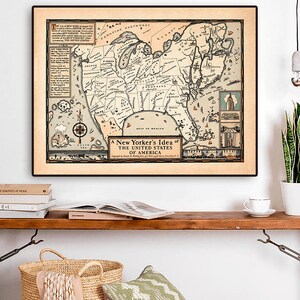 Une idée new-yorkaise des États-Unis d'Amérique, carte des États-Unis, carte illustrée humoristique des États-Unis, État de New York.