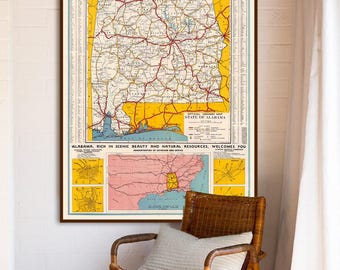 Vintage state map of Alabama, large old Alabama gifts decor art print.