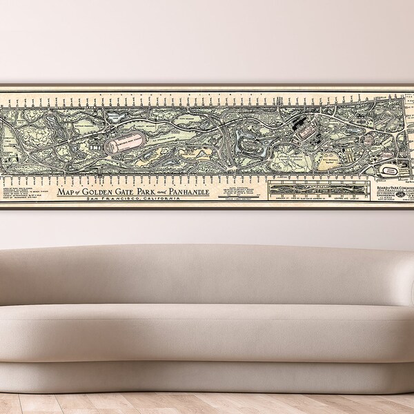 Map of Golden Gate Park and Panhandle, San Francisco, California, vintage Golden Gate Park wall art, large wall decor poster print.