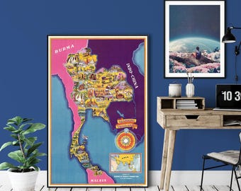 Vintage Thailand Travel Map Print: 1950s Tourist Attractions
