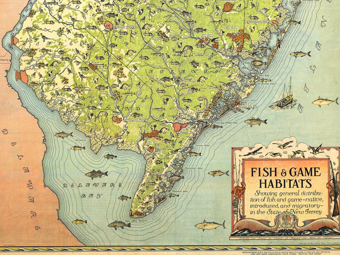 Fish and Game Map of New Jersey Vintage New Jersey Map New Etsy