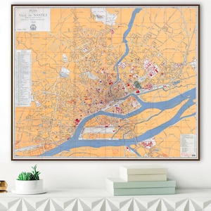 Mapa vintage de Nantes, Plan de la ville de Nantes, Francia Mapa de viaje de Nantes.