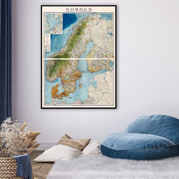 Vintage Scandinavia Map Print: 1920s NORDEN, Scandinavian Wall Art
