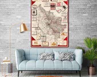Carte des vins de Bordeaux de 1948 - Guide des grands crus français vintage, impression cartographique de la région des vignobles antiques