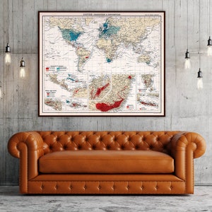 Carte du monde du café vintage, affiche de carte de café, cadeaux café, carte murale café, impression café, art mural café, cadeaux café.