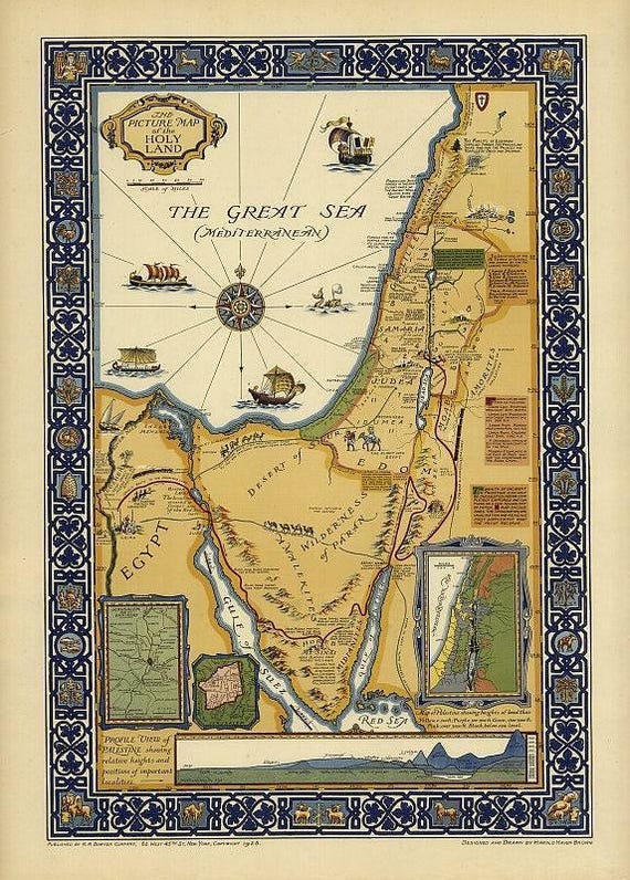 Vintage Holy Land Map: Illustrated 1930 Biblical Palestine Art - Etsy