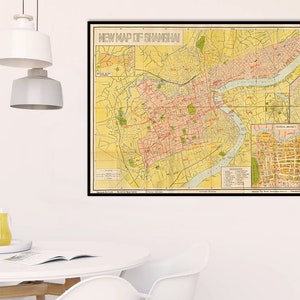 Vintage gedetailleerde kaart van de stad Shanghai, Shanghai decor kunstdruk, oud Shanghai cadeau.