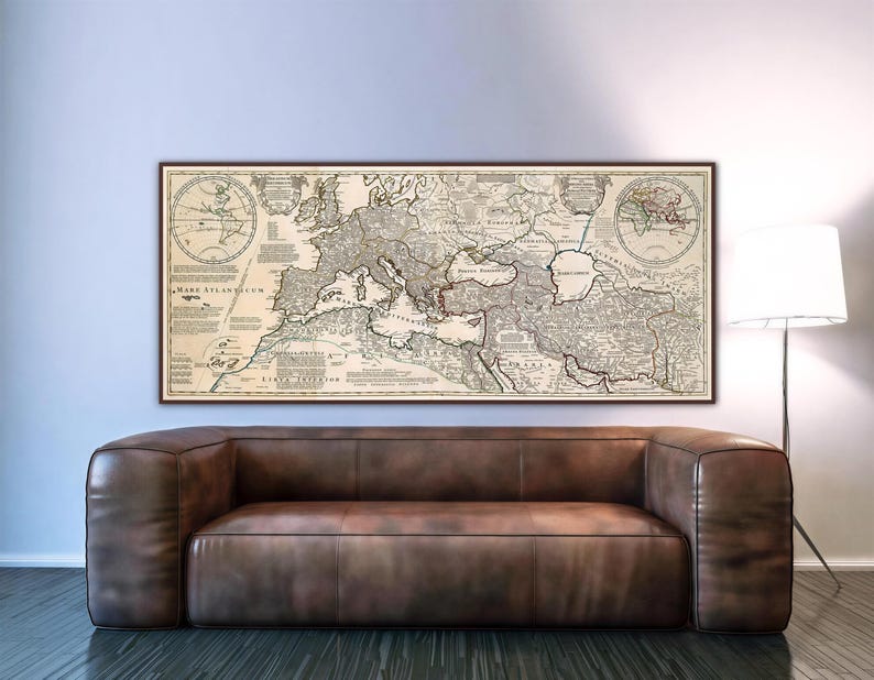 Historical map showing the Roman Empire and surrounding barbarian tribes in 400 AD, by cartographer Guillaume Delisle.