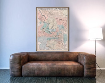 Vintage Centennial memento map of Philadelphia, old Philadelphia wall art print decor.