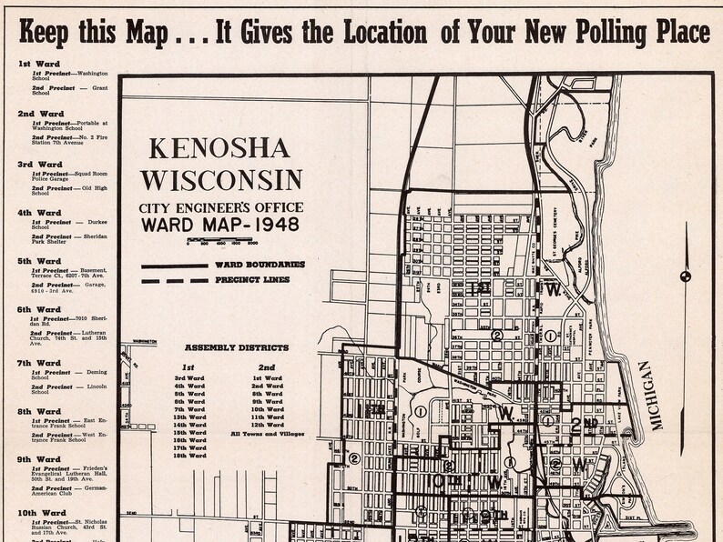 Vintage Map of Kenosha WI Old Kenosha Map Kenosha Wisconsin Etsy