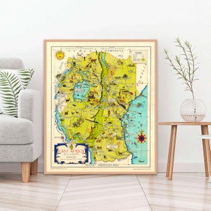 Vintage fotokaart van Oost-Afrika (Kenia, Tanzania, Oeganda, Zanzibar), kaart van Oost-Afrika, posterkaart van Oost-Afrika, kaartkunst Oost-Afrika.