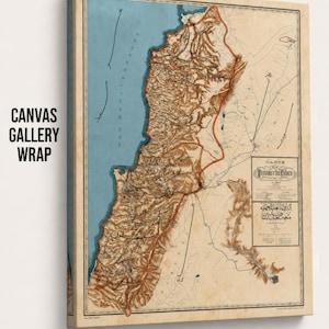 The image is a canvas wrap featuring a detailed map of the country of Lebanon, with various geographical features and landmarks depicted.