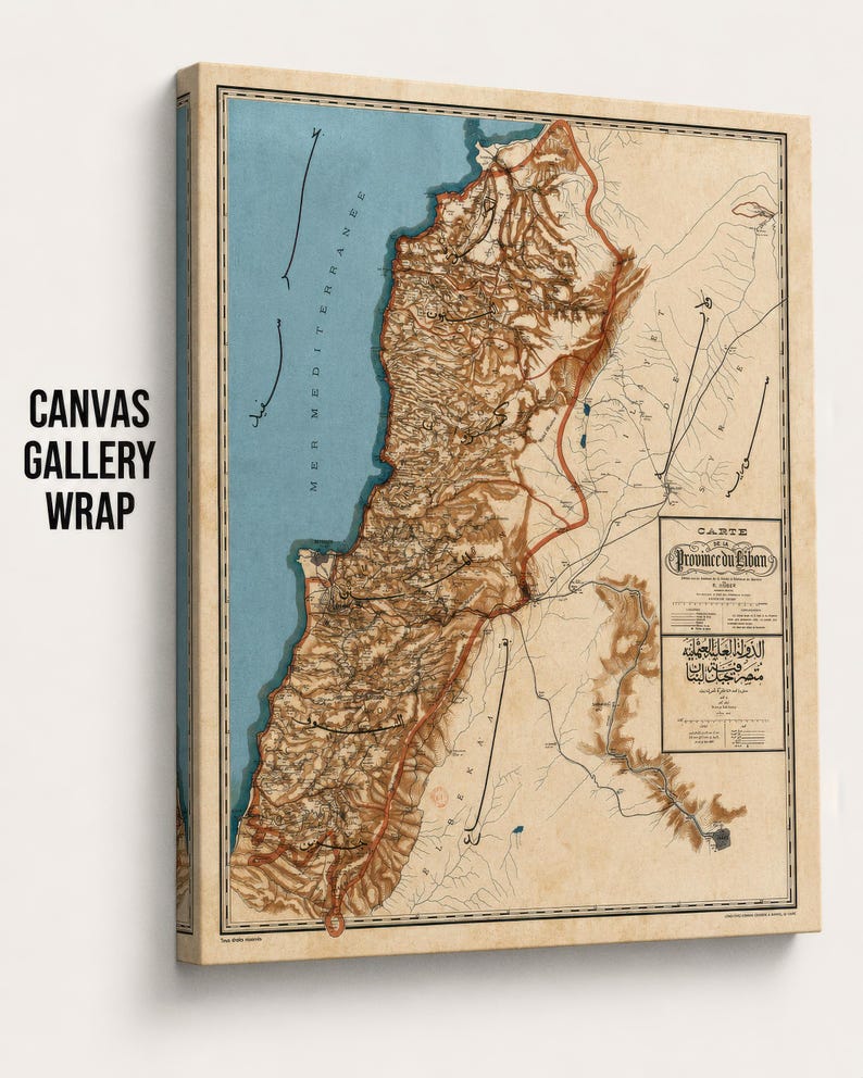 The image is a canvas wrap featuring a detailed map of the country of Lebanon, with various geographical features and landmarks depicted.