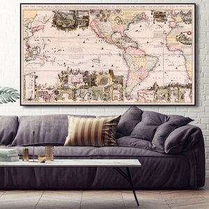 Medieval wall map of the Americas and the Pacific, magnificent ancient map of the world, iconic medieval world map, Henri Chatelain map.