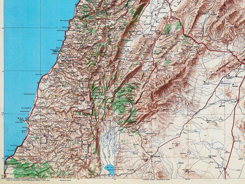 A vintage road and tourist map of Lebanon, showing geographical details and transportation routes.