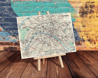 Detaillierte Karte von Paris mit allen U-Bahn und RER Linien, Retro Paris Wandkarte, Vintage Paris Wanddeko.
