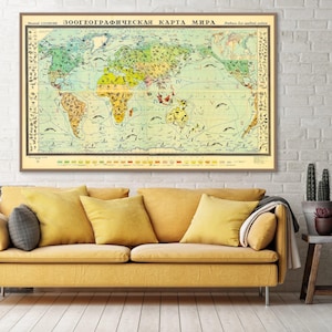 Vintage Zoology World Map Print, Russian Wildlife Educational Poster