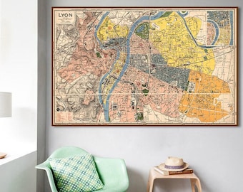 Mappa stradale storica di Lione, paesaggio urbano francese d'epoca, stampa artistica di E. Fonné / arredamento per la casa europeo