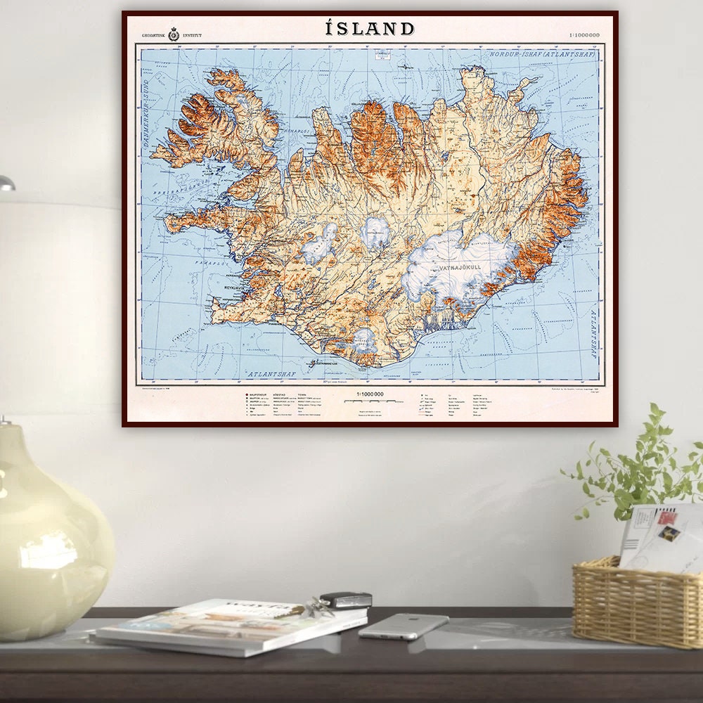 Vintage map of Iceland large Iceland wall map Iceland print | Etsy