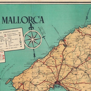 Vintage tourist map of the Balearic Island of Mallorca or Majorca, Mapa de la Isla de Mallorca. image 4