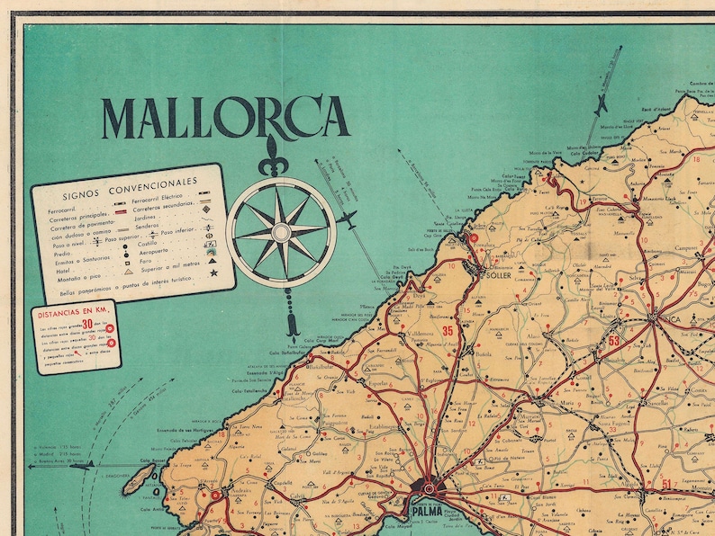 Vintage tourist map of the Balearic Island of Mallorca or Majorca, Mapa de la Isla de Mallorca. image 4
