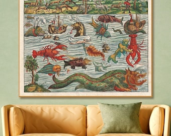 Sea Monster Map Print: 16th Century Bestiary Art