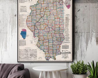 Antique Illinois Reference Map - Railroads, Canals, Census, Geology, Natural History