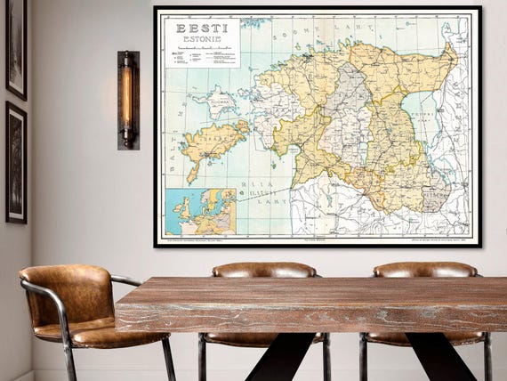 Vintage Estonia Map Print, 1925, Estonian Wall Art