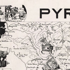 Map of the Pyrenees, Pictorial Pyrenees Map, Vintage Pyrenees Mountains ...