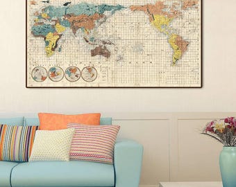 Vintage Japanese World Map Print: Antique Wall Art