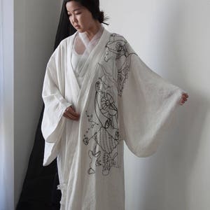 White linen Kimono Yukata with hand embroidery for Women Men Unisex image 1