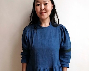 Blue Linen Buryat Mongolian Degel Deel wrap around dress for Women