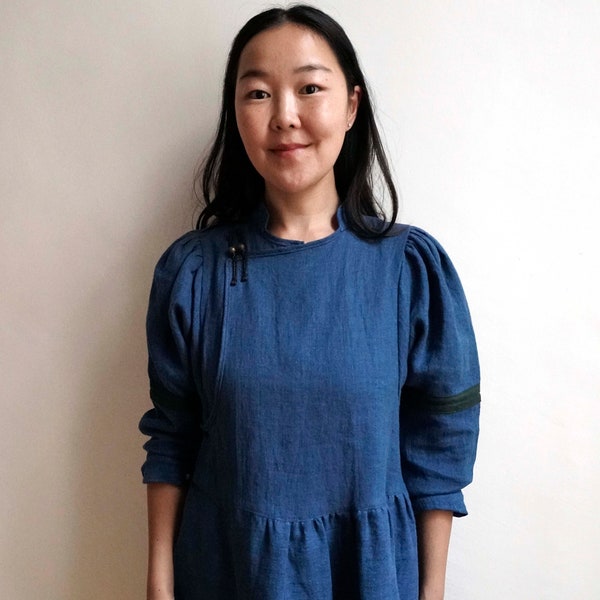 Blue Linen Buryat Mongolian Degel Deel wrap around dress for Women