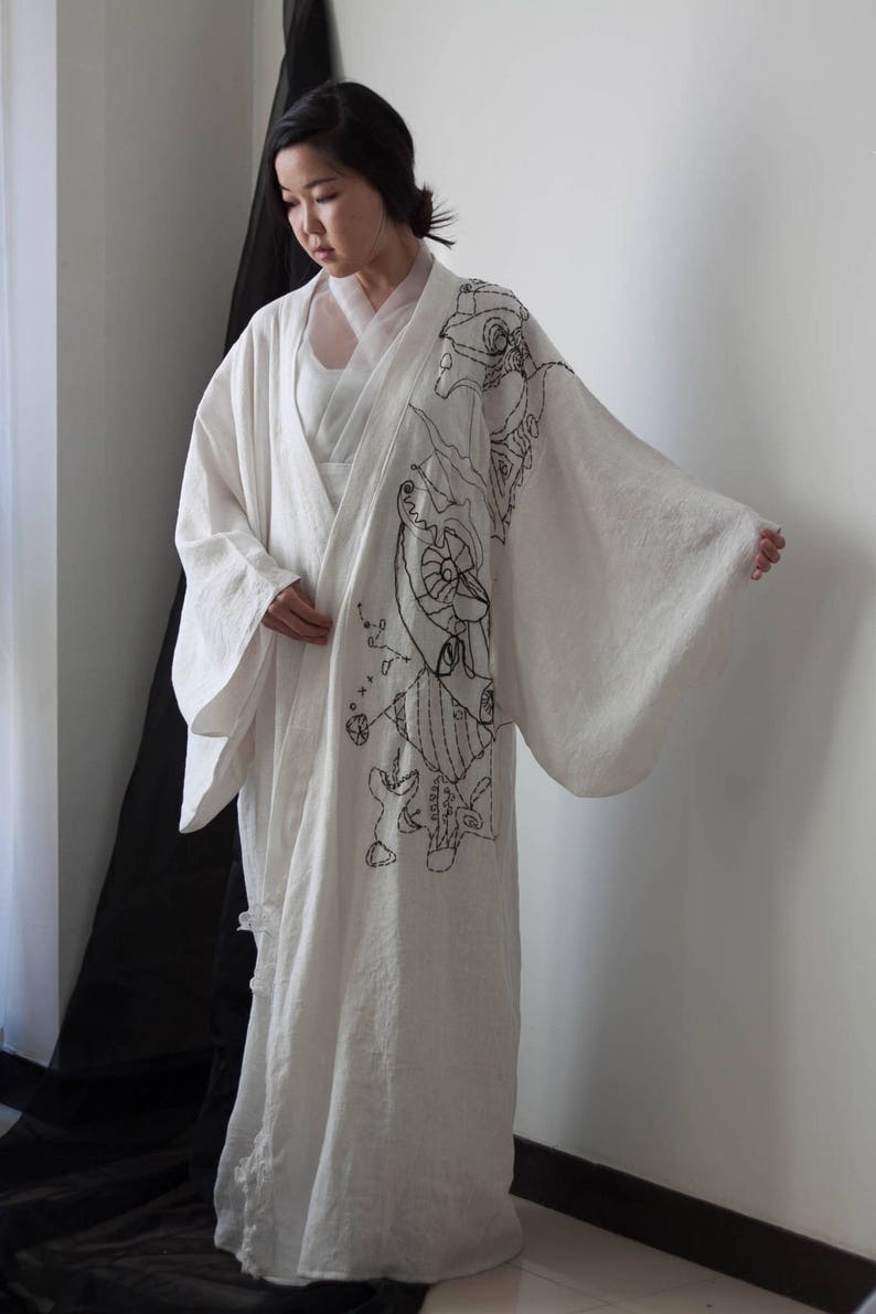 White linen Kimono Yukata with hand embroidery for Women Men Unisex image 1