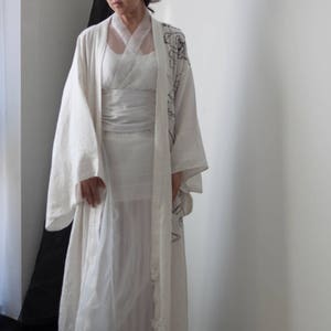 White linen Kimono Yukata with hand embroidery for Women Men Unisex image 2