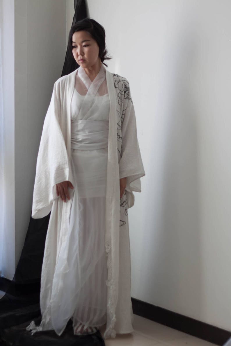 White linen Kimono Yukata with hand embroidery for Women Men Unisex image 2