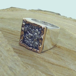 9K Gold And Silver Chunky Ring, Big Square Rings For Women, Hammered Silver Ring, Wide Ring, Bohemian Jewelry, Two Tone Ring, Gift For Her