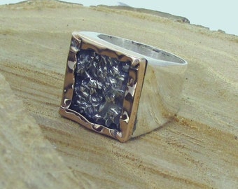 Anello grosso in oro e argento 9K, grandi anelli quadrati per le donne, anello in argento martellato, anello largo, gioielli Boho, anello bicolore, regalo per lei