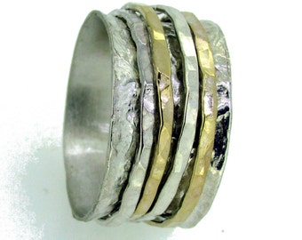 Unique Wide Wedding Ring, Mixed Metal Ring, Rings For Women, Spinner Ring, 925 Sterling Silver, Spinning Ring, Rotating Ring, Boho Jewelry