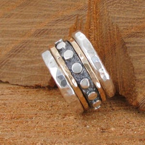 Geometric Spinner Ring, 9K Gold & Silver Ring, Weddings Bands, Meditation Ring, Silver Wide Ring, Boho Silver Ring, Three Tone Chunky Ring
