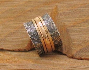 Gold and Silver Stacking Rings, Silver Spinning, Meditation Spinner Ring, Oxidized, Fidget Ring, Anxiety Ring, Worry Ring, Hammered Ring