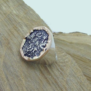 9k Gold and Silver Coin Ring, Signet Ring for Women, Chunky Ring, Boho Silver Ring, Wide Silver Ring, Two Tone Ring, Silver Circle Ring